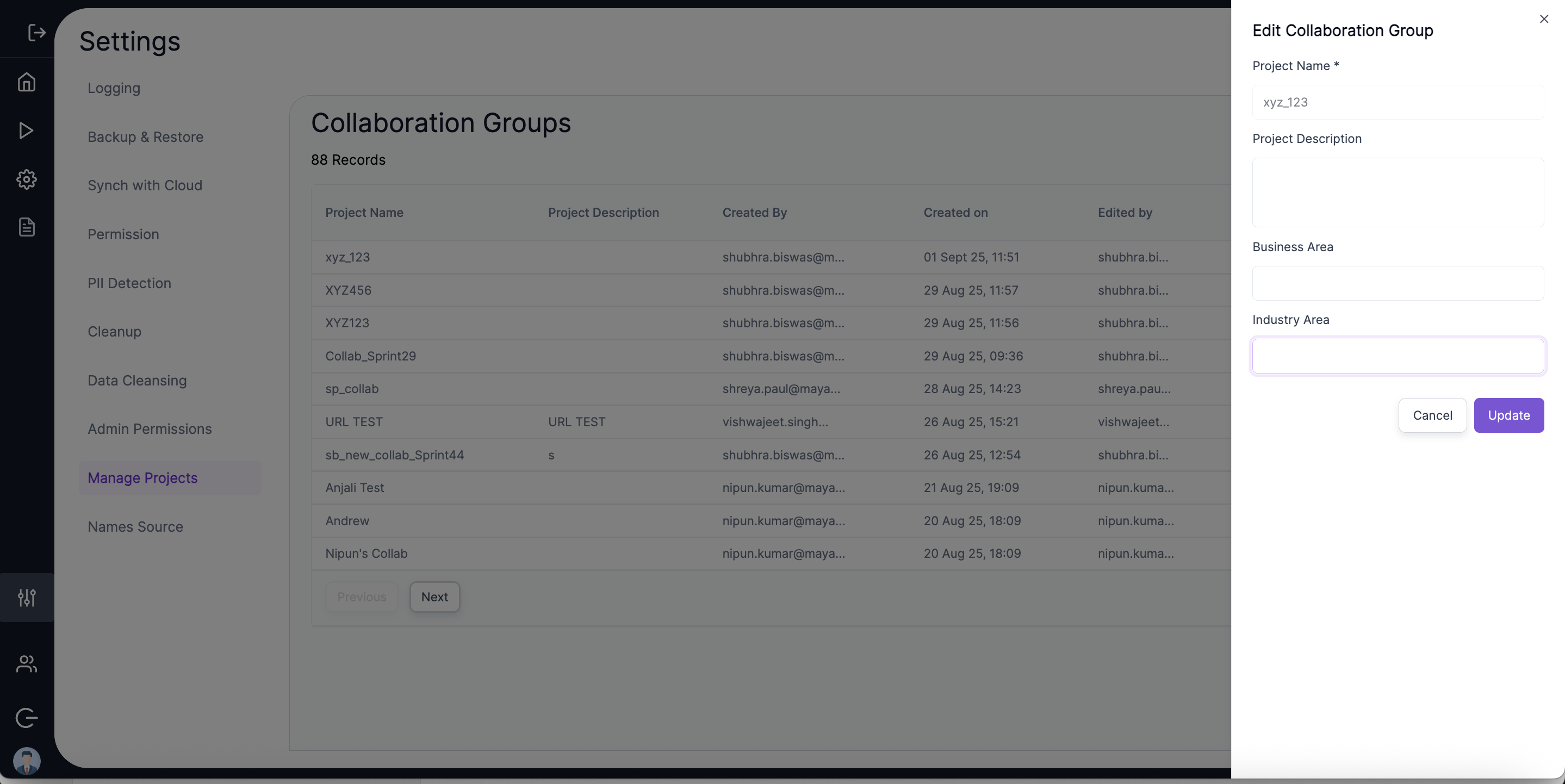 Collaboration Group Management Screen